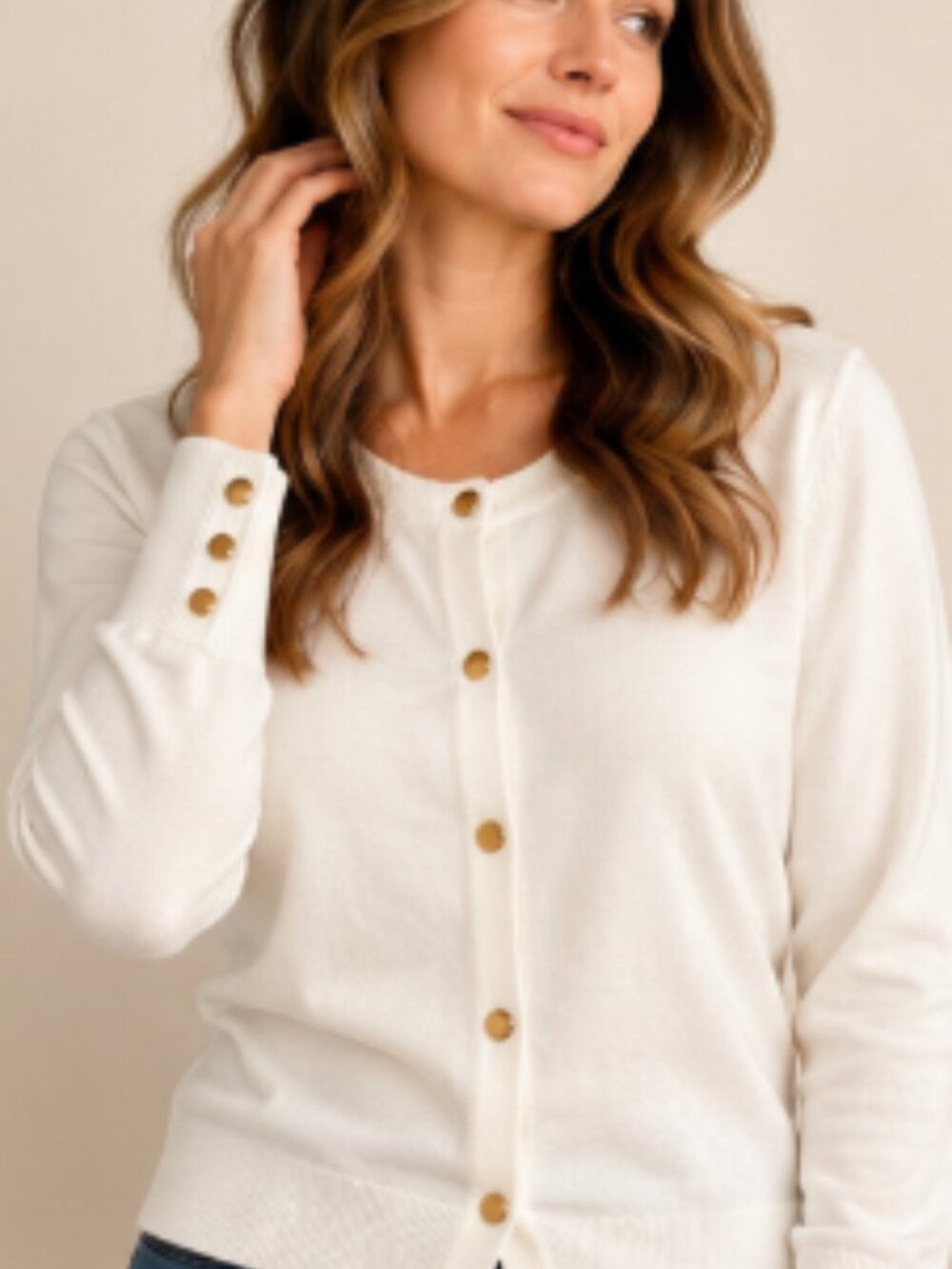 JM Collection Ivory Gold Button Cardigan Sweater Large NWT